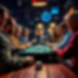 Dice game players discussing strategies A group of people playing a dice game, sharing their favorite strategies and settings for an enjoyable experience.