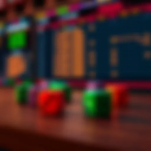 A group of colorful dice on a wooden table beside a digital leaderboard displaying player scores.