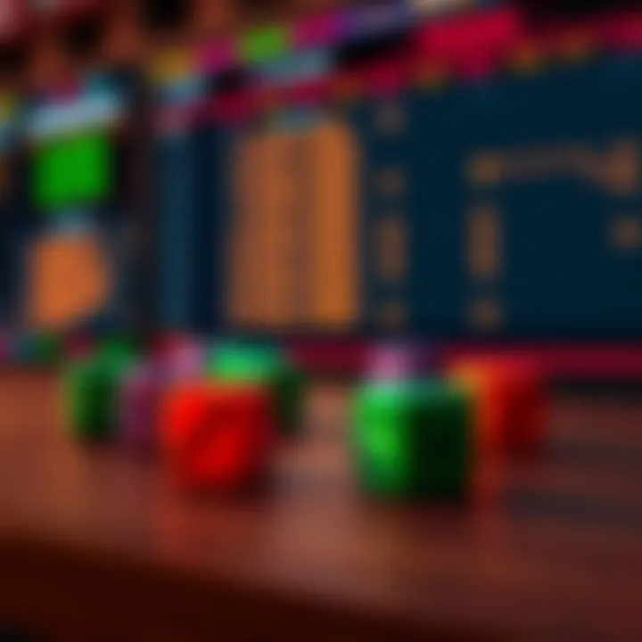 Dice Game with Leaderboard A group of colorful dice on a wooden table beside a digital leaderboard displaying player scores.