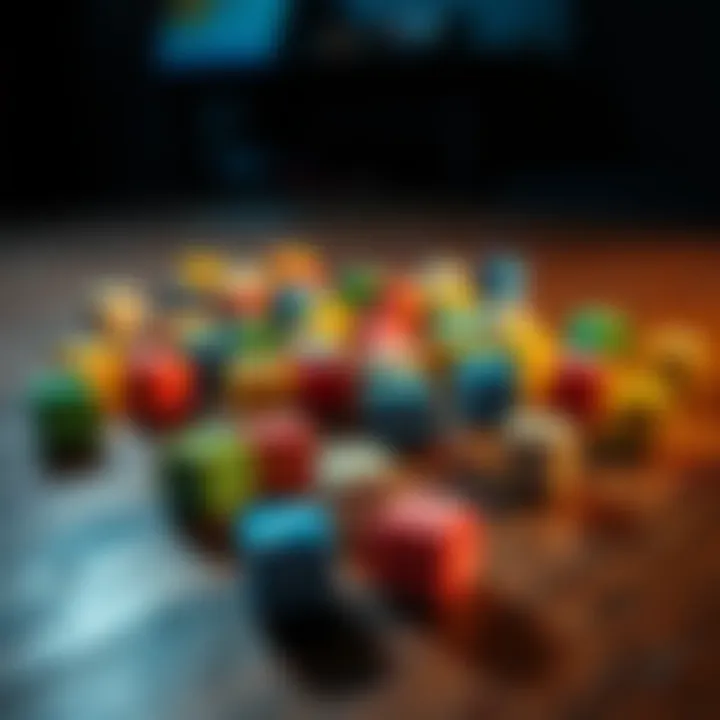 Colorful dice scattered on a wooden table, representing strategy and chance in achieving goals