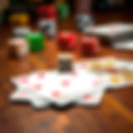 A close-up of colorful dice and playing cards on a wooden table, showing elements of luck and strategy in gaming.