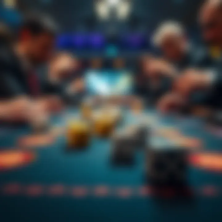 Dice being rolled on a table Players actively rolling dice during a game