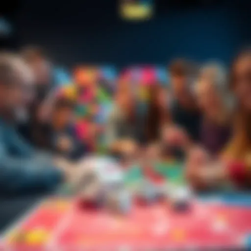 A group of people joyfully rolling dice on a colorful game table, showing excitement and engagement during a game night.