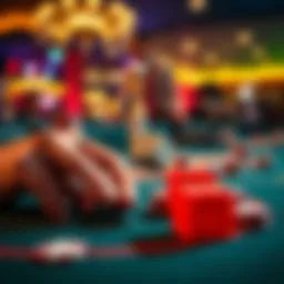 Dice rolling on a table A close-up of two hands rolling dice on a casino table with chips and a vibrant atmosphere