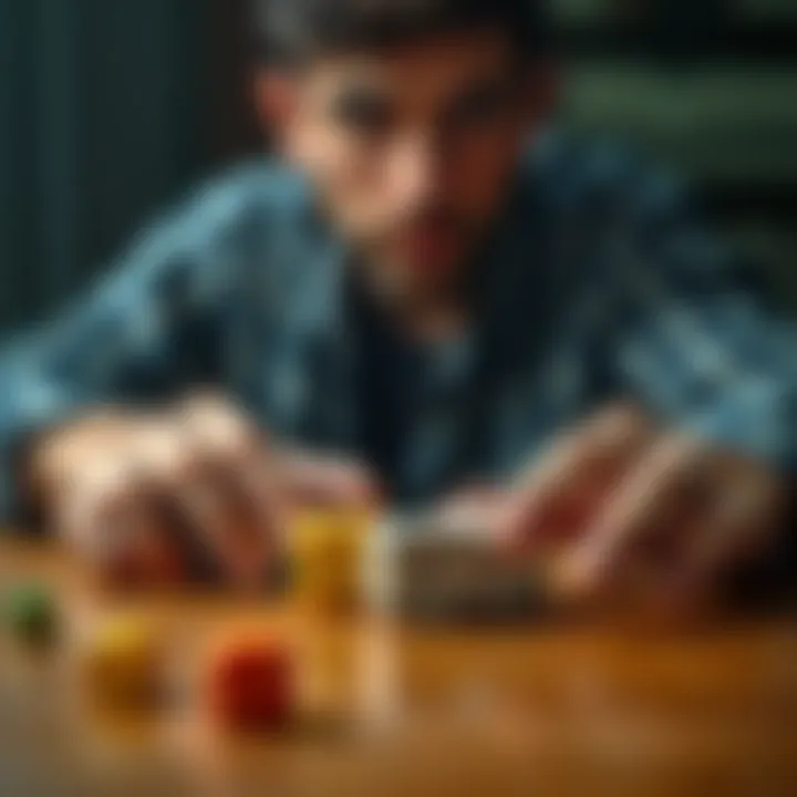 A close-up of hands rolling four dice on a table, showcasing different strategies in action, with colorful dice and a focused expression on the player's face.