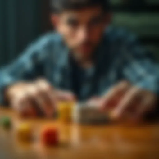 Dice rolling strategies A close-up of hands rolling four dice on a table, showcasing different strategies in action, with colorful dice and a focused expression on the player's face.