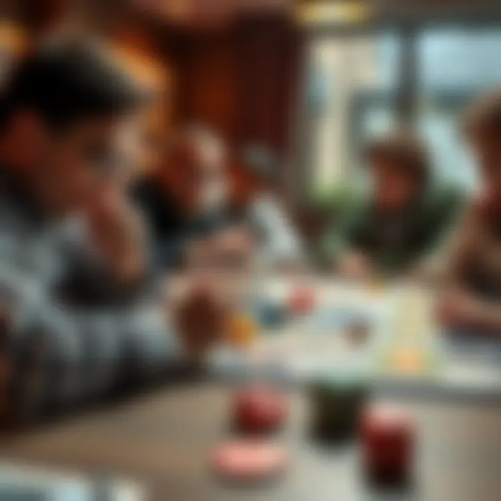 A group of people discussing strategies while playing a dice game, with colorful dice and game boards on the table