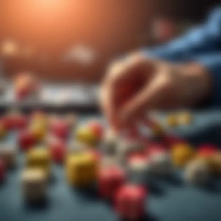 A close-up of colorful dice scattered on a table, with a player's hand preparing to roll them, symbolizing a new dice strategy evaluation.