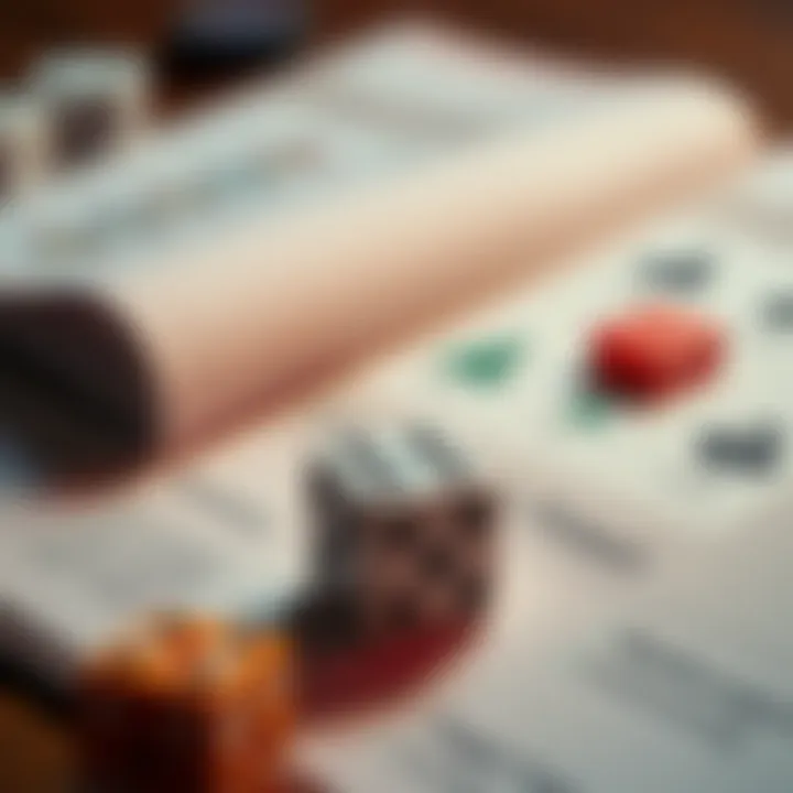 A close-up of dice on a table next to a strategy guide for gambling, highlighting mathematical and psychological approaches.