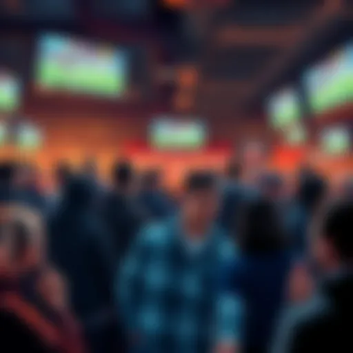 Crowd at a sports bar eagerly discussing bets for the Diddy Bowl 2026 with screens showing the game highlights.