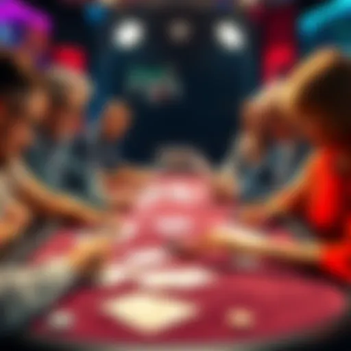 A group of players discussing various betting strategies at a card table, showing papers and chips around them.