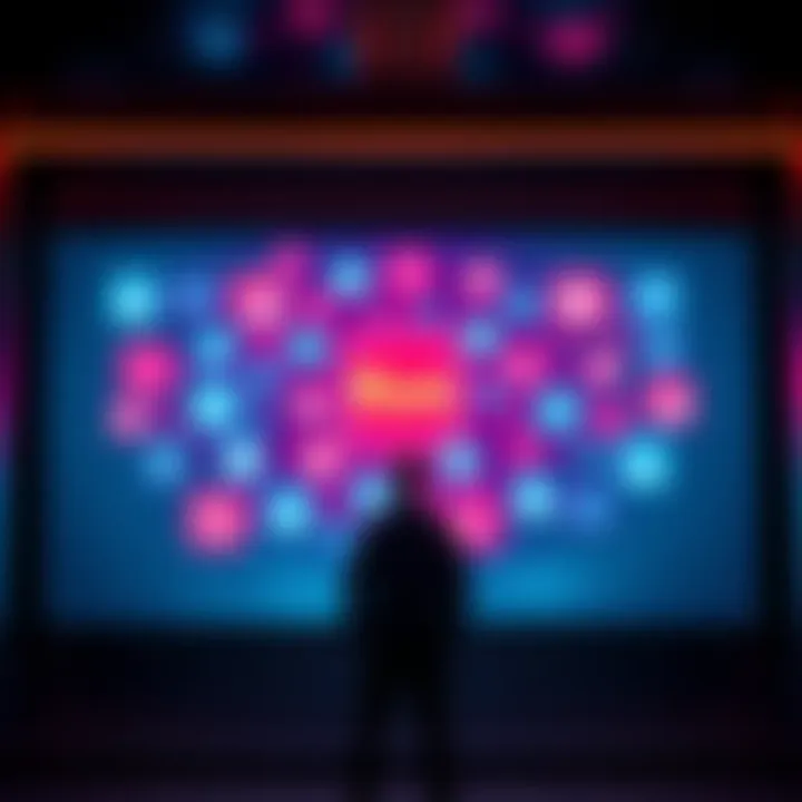 A person standing in front of a large screen displaying various digital icons representing personal freedom and success strategies.