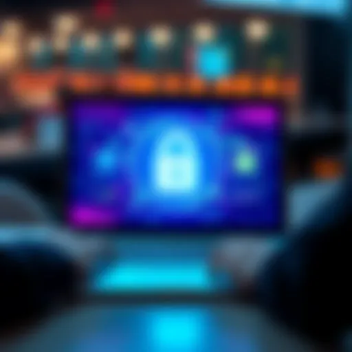 A person using a laptop with a padlock symbol on the screen, representing digital data protection.