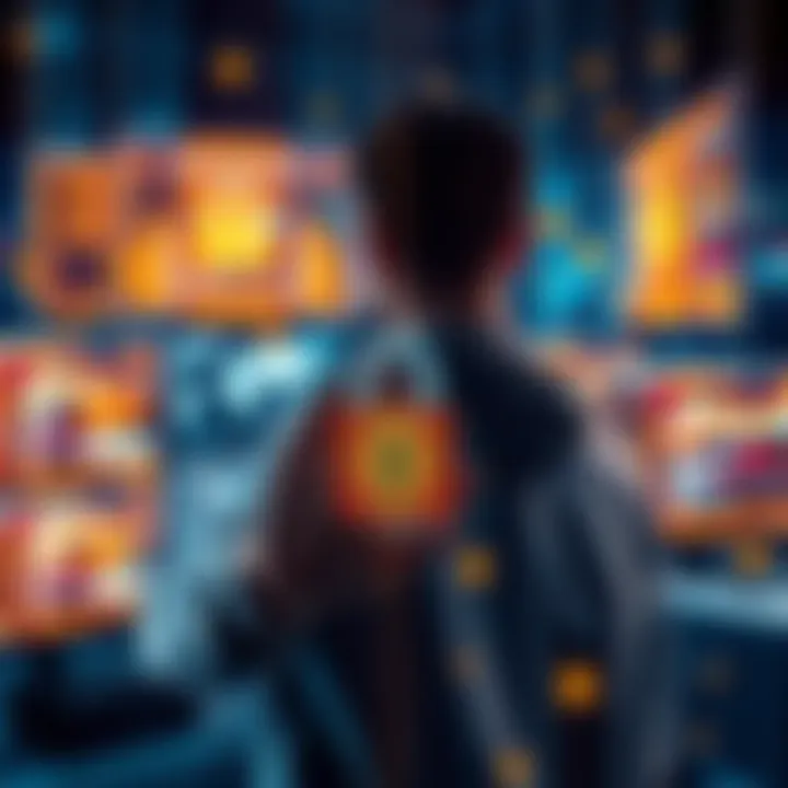 A person securing their digital data with a lock symbol and computer screens in the background