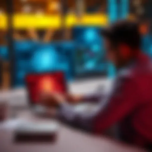 A person sitting at a desk, using a laptop with a padlock icon displayed on the screen, symbolizing digital security measures.