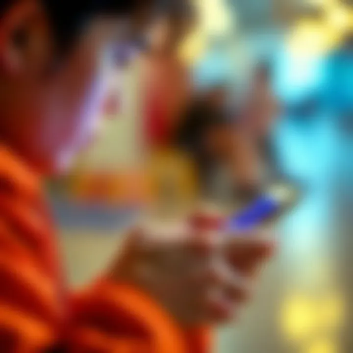 A young person typing on a smartphone with trendy slang visible on the screen