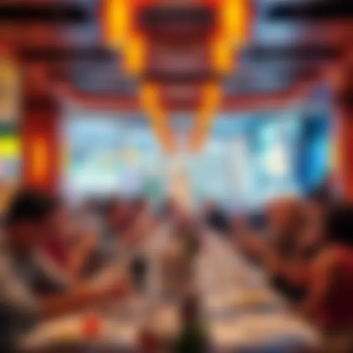 A lively restaurant scene showcasing diverse food options at MGM in Vegas with happy diners enjoying their meals.
