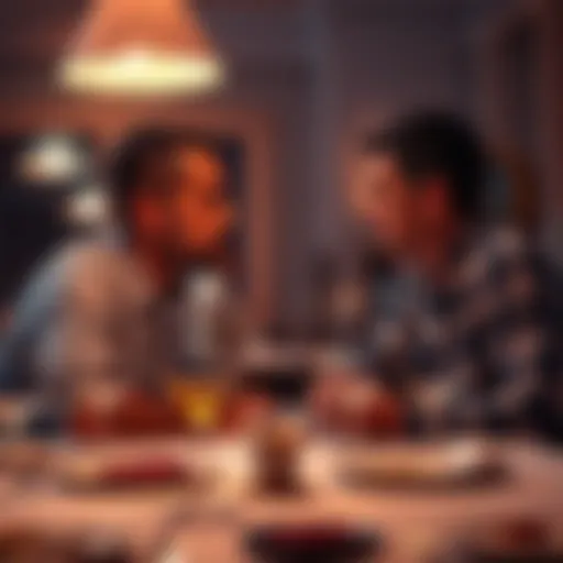 A heartfelt discussion between two friends at a dinner table, showing emotions related to gambling addiction and financial struggle.