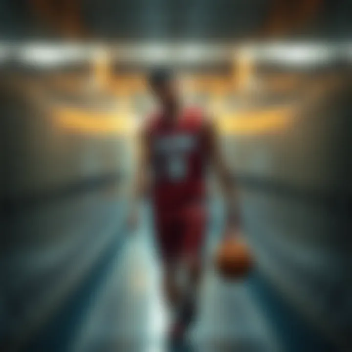 A disappointed basketball player walks toward the locker room with a dejected expression after scoring only four points in the game.