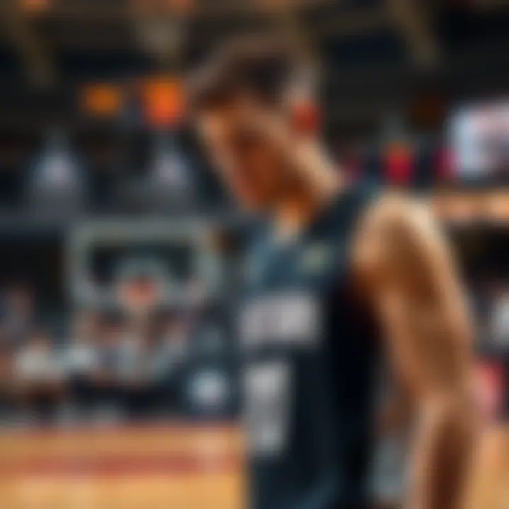 A basketball player looking frustrated on the court after a poor performance, symbolizing the impact on a parlay bet.