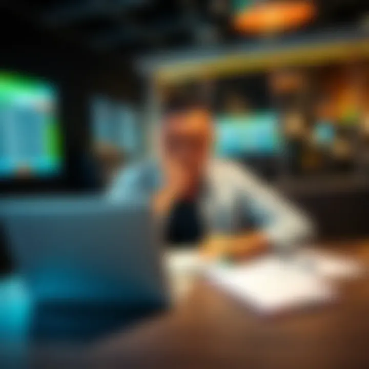 A frustrated person sits at a table with a laptop, frowning at sports betting results on the screen, with a notepad and pen nearby.