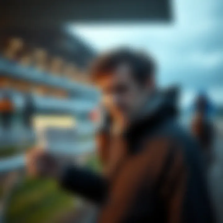 A frustrated man stands by the racetrack, holding a losing betting slip, with horses racing in the background