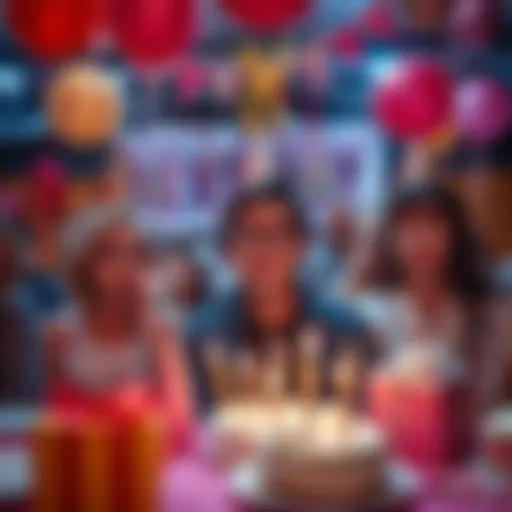 People looking unhappy at a birthday-themed event with decorations and party items
