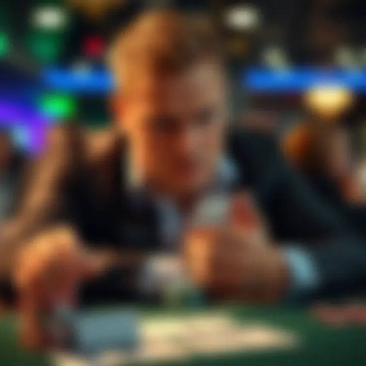 A frustrated player at a blackjack table, looking at their hand with a frown, surrounded by chips and cards