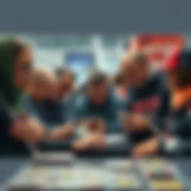 Disappointed buyers looking at card prices A group of frustrated people examining sports cards with high prices at a vendor booth