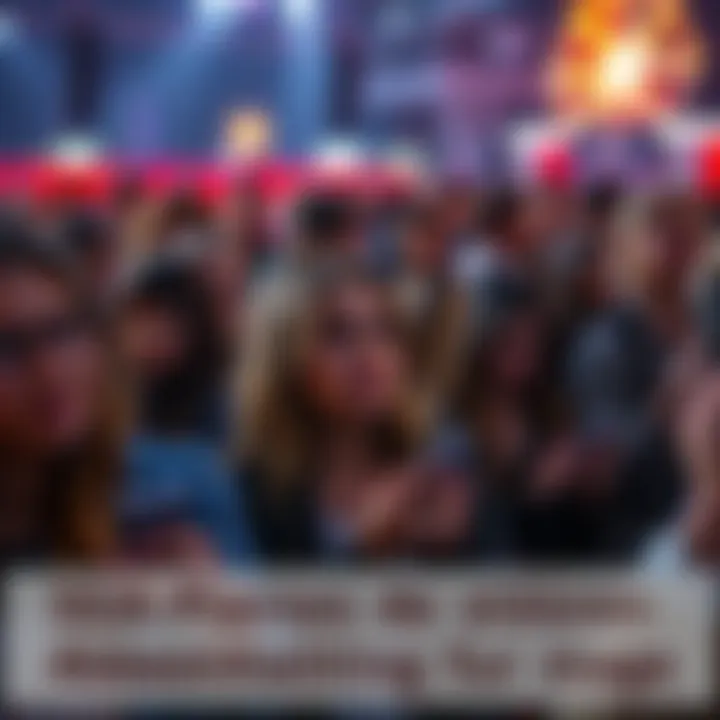 A group of people looking disappointed at an entertainment event, with some checking their phones, reflecting unexpected changes to the evening plans.