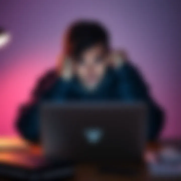 A frustrated person sits at a desk with a laptop open, showing the FanDuel website and a concerned expression.