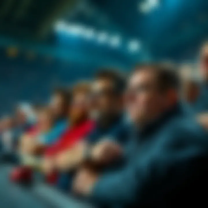 A group of disappointed fans watching a soccer game, looking concerned about player performance