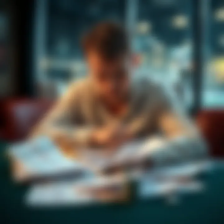 Disappointed gambler looking at betting slips A person sitting at a table with betting slips, showing a disappointed expression as they reflect on their recent betting experiences.
