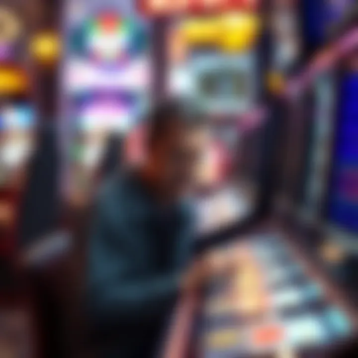 A frustrated person sitting at a slot machine with a defeated expression, surrounded by bright casino lights.