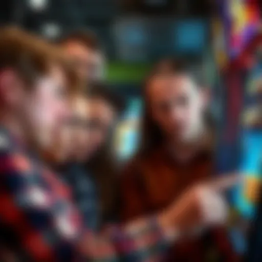 Group of gamblers staring at a slot machine with worried expressions as they face losses