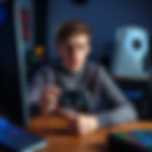 A frustrated gamer sitting in front of a computer, holding a broken game controller and looking upset