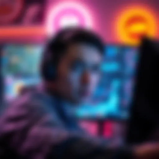 A gamer looking frustrated while playing a terminal game, showing a computer screen with game graphics in the background.