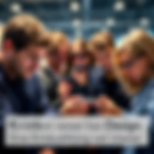 A group of frustrated people examining a new smartphone, showing signs of dissatisfaction with its design.