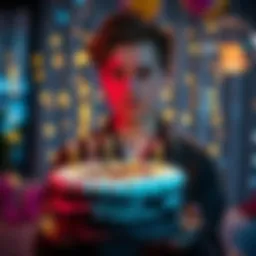 A person looking disappointed while holding a birthday cake with a sad expression in a festive setting, showing a lack of joy.
