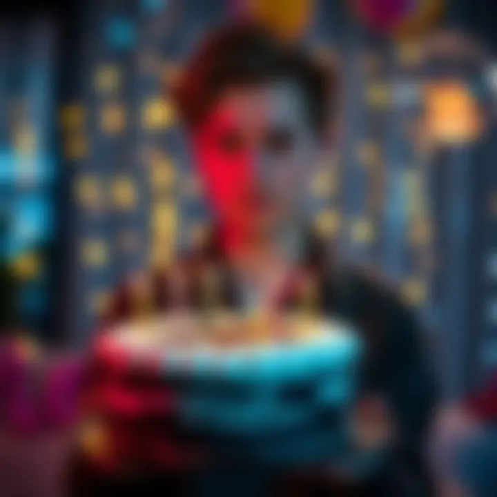 A person looking disappointed while holding a birthday cake with a sad expression in a festive setting, showing a lack of joy.
