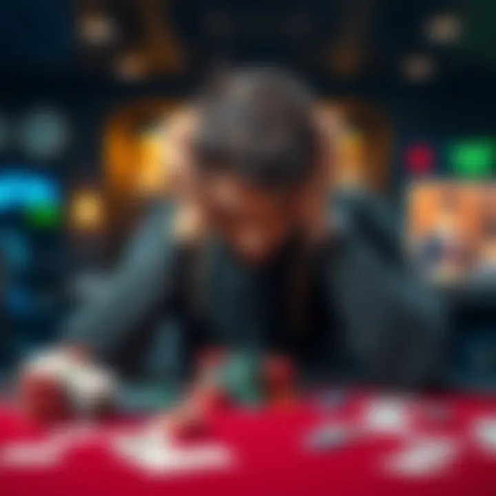 A person sitting at a table with their head in their hands, showing disappointment after a gambling loss, with scattered cards and chips around them