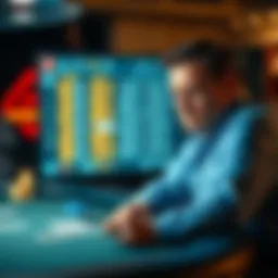 A player looks frustrated at a poker table, with cards in hand and a computer screen showing game results in the background, highlighting issues with fair play.