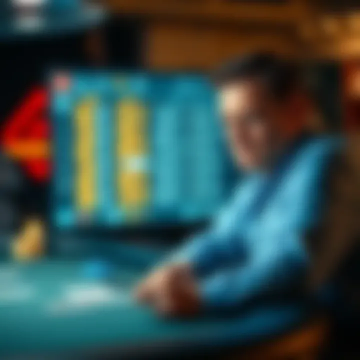 A player looks frustrated at a poker table, with cards in hand and a computer screen showing game results in the background, highlighting issues with fair play.