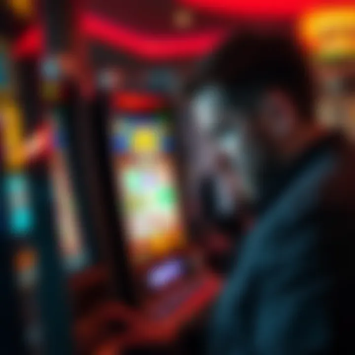 Disappointed Player at Slot Machine A frustrated player looks at a slot machine screen showing minimal winnings during Happy Hour Spins.