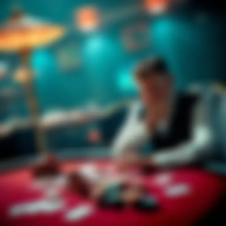 A frustrated player sitting at a poker table, expressing disappointment over the casino experience, with cards and chips scattered around.