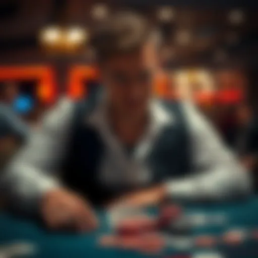 Disappointed poker player at table A frustrated poker player with a disappointed expression, surrounded by cards and chips on the table, reflecting on a bad hand.