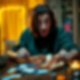 Disappointing game night with cold pizza A frustrated player sitting at a table with a half-eaten cold pizza and cards, showing disappointment