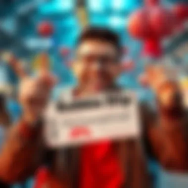 A graphic showing a cheerful person holding a discount coupon, celebrating savings