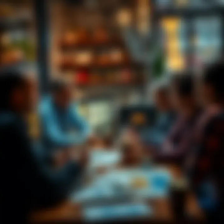 A group of people discussing the decline of reloads in a coffee shop setting, with charts and notes on the table.