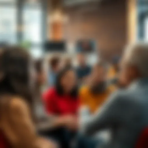 A group of diverse people talking and sharing ideas about their common experiences, fostering a sense of connection.